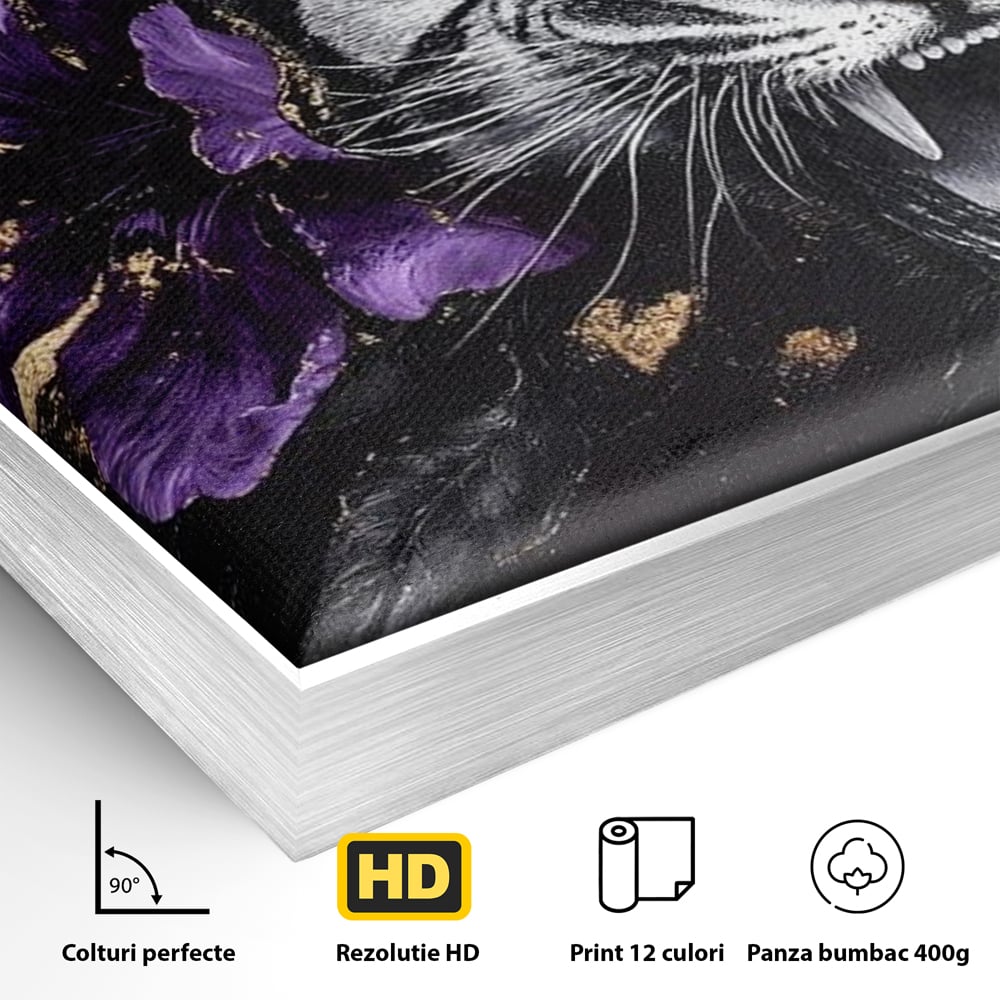 Detaliu al suprafetei: tablou canvas cu tigru si iris violet, in rama de aluminiu argintiu