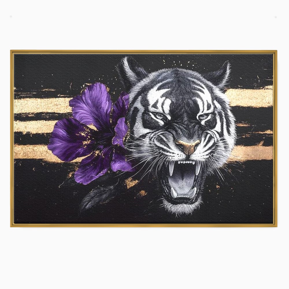 Tablou canvas cu tablou canvas cu tigru si iris violet, in rama de aluminiu auriu