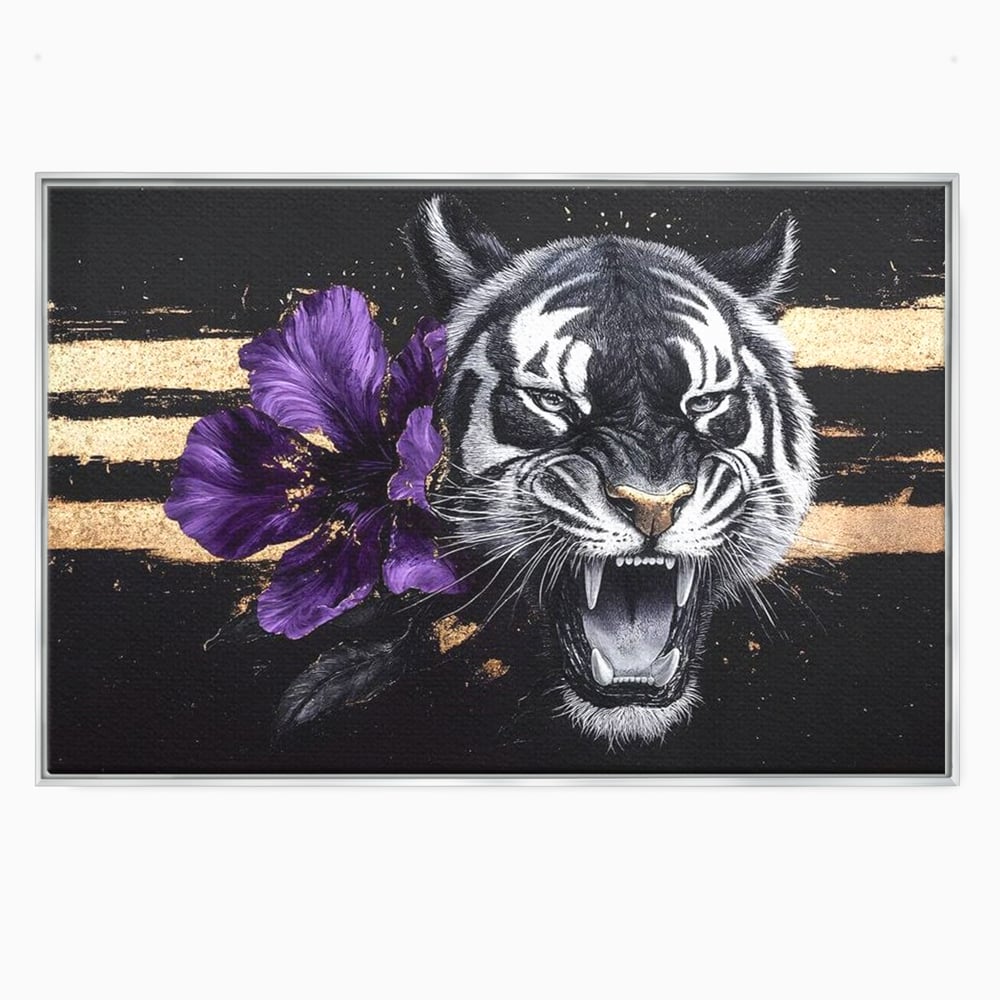 Tablou canvas cu tablou canvas cu tigru si iris violet, in rama de aluminiu argintiu