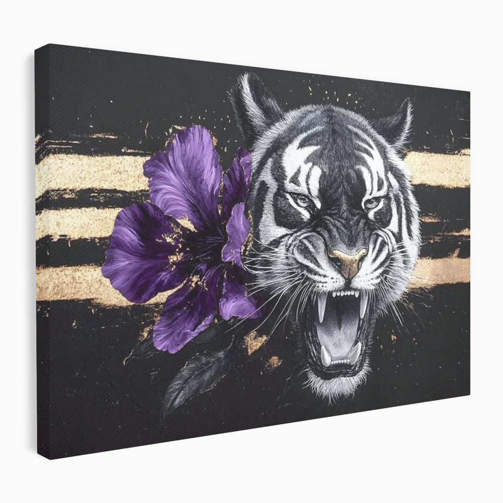Tablou canvas cu tablou canvas cu tigru si iris violet, fara rama, pe sasiu de lemn