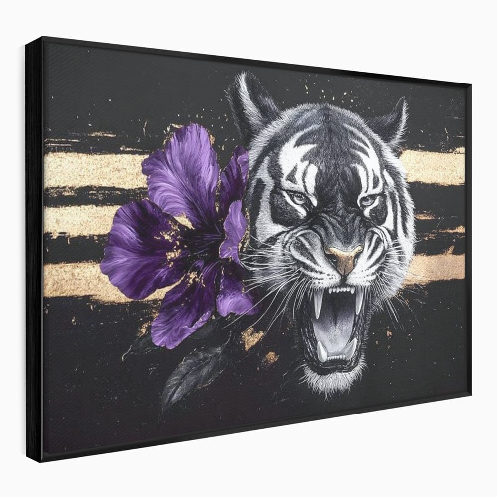 Tablou canvas cu tablou canvas cu tigru si iris violet, in rama de aluminiu negru