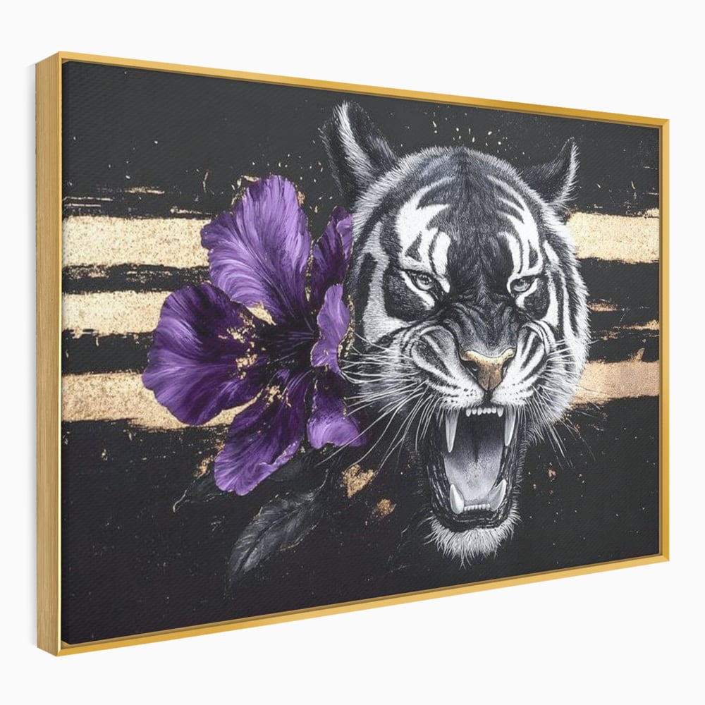 Tablou canvas cu tablou canvas cu tigru si iris violet, in rama de aluminiu auriu