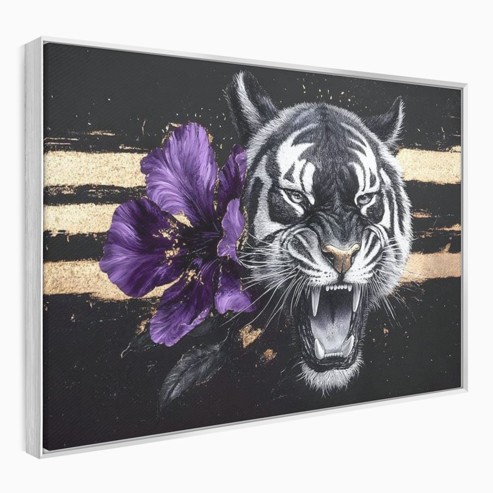 Tablou canvas cu tablou canvas cu tigru si iris violet, in rama de aluminiu argintiu