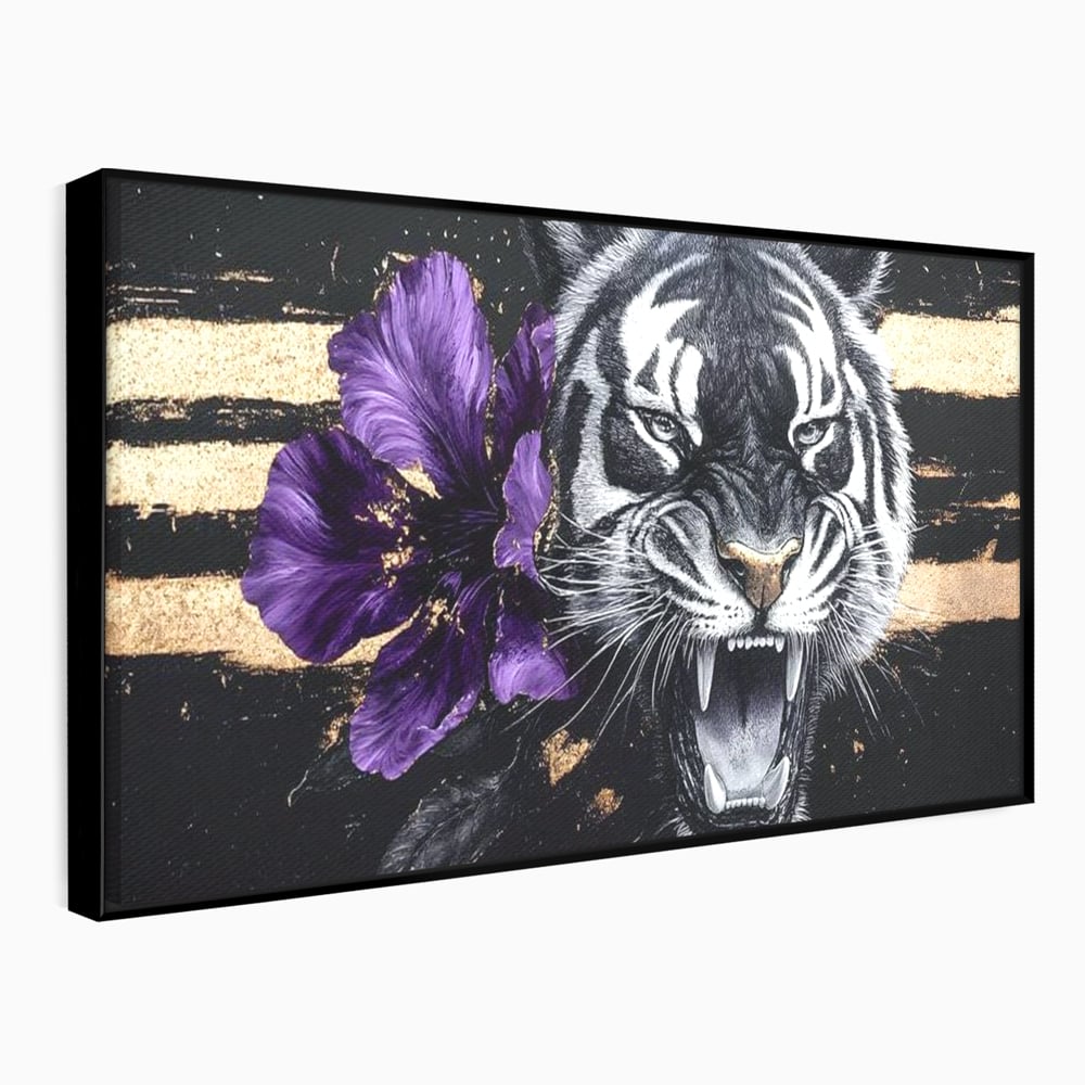 Tablou canvas cu tablou canvas cu tigru si iris violet, in rama de aluminiu negru