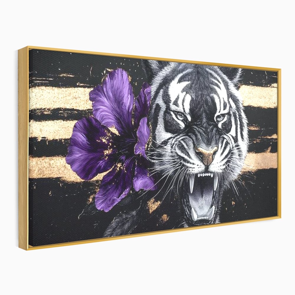Tablou canvas cu tablou canvas cu tigru si iris violet, in rama de aluminiu auriu
