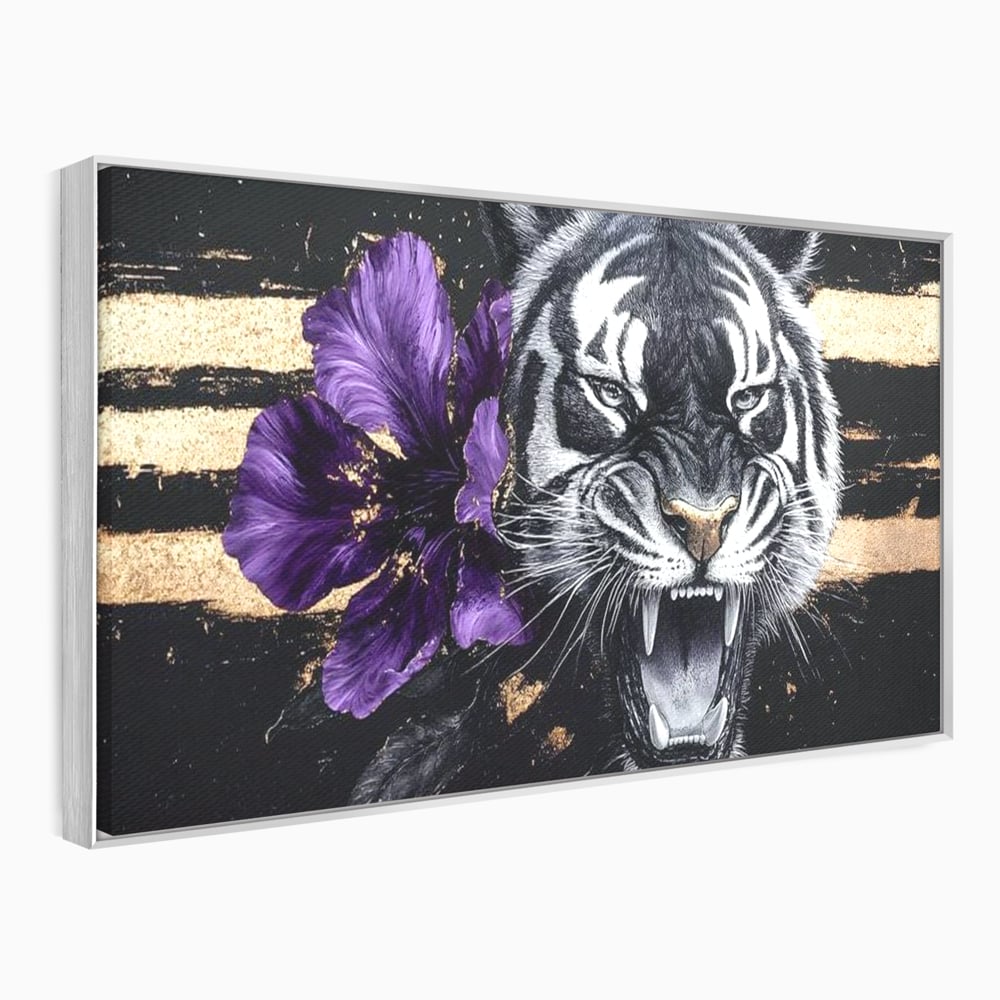 Tablou canvas cu tablou canvas cu tigru si iris violet, in rama de aluminiu argintiu