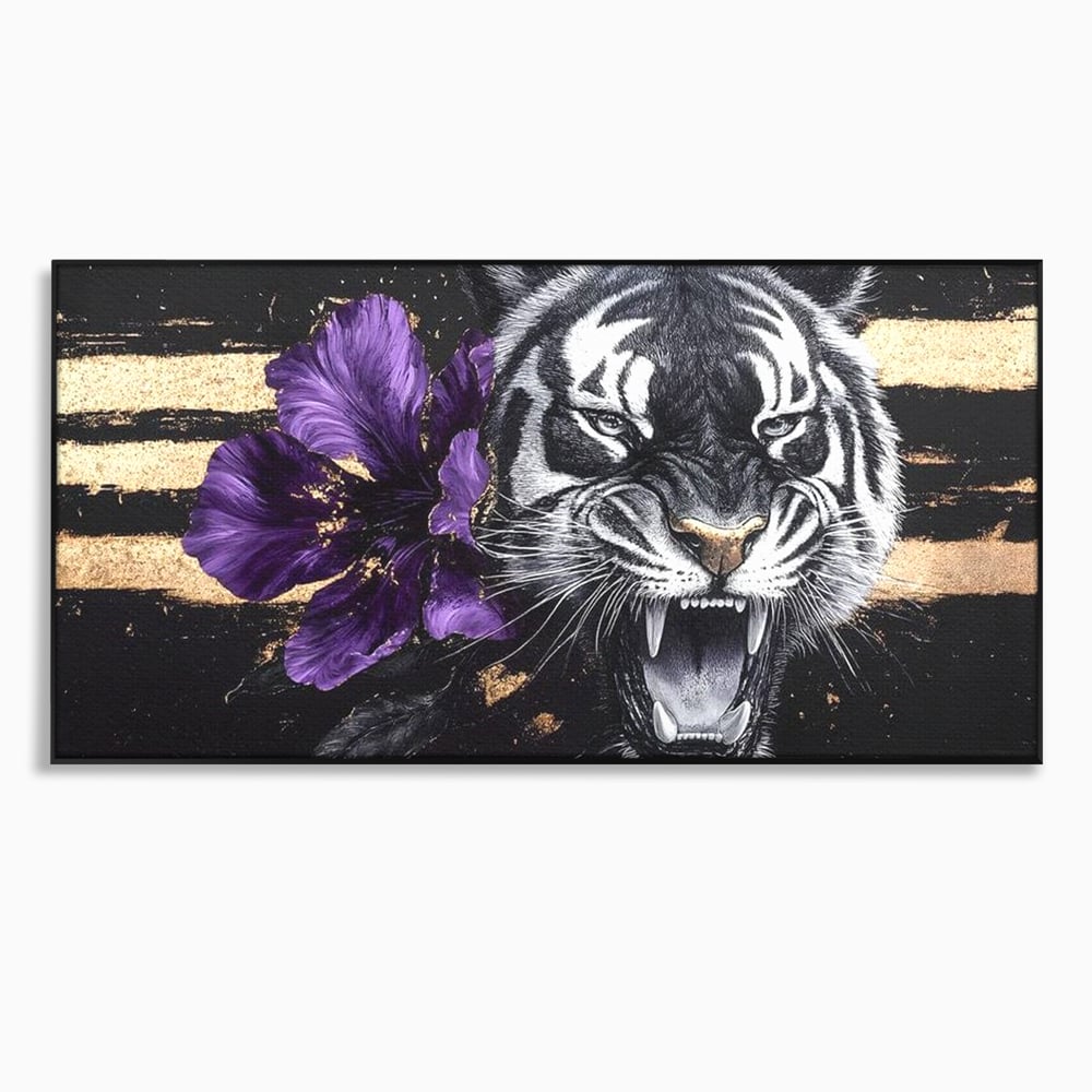 Tablou canvas cu tablou canvas cu tigru si iris violet, in rama de aluminiu negru