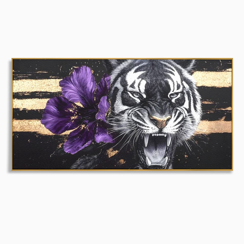Tablou canvas cu tablou canvas cu tigru si iris violet, in rama de aluminiu auriu