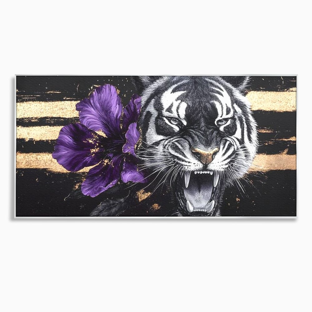Tablou canvas cu tablou canvas cu tigru si iris violet, in rama de aluminiu argintiu