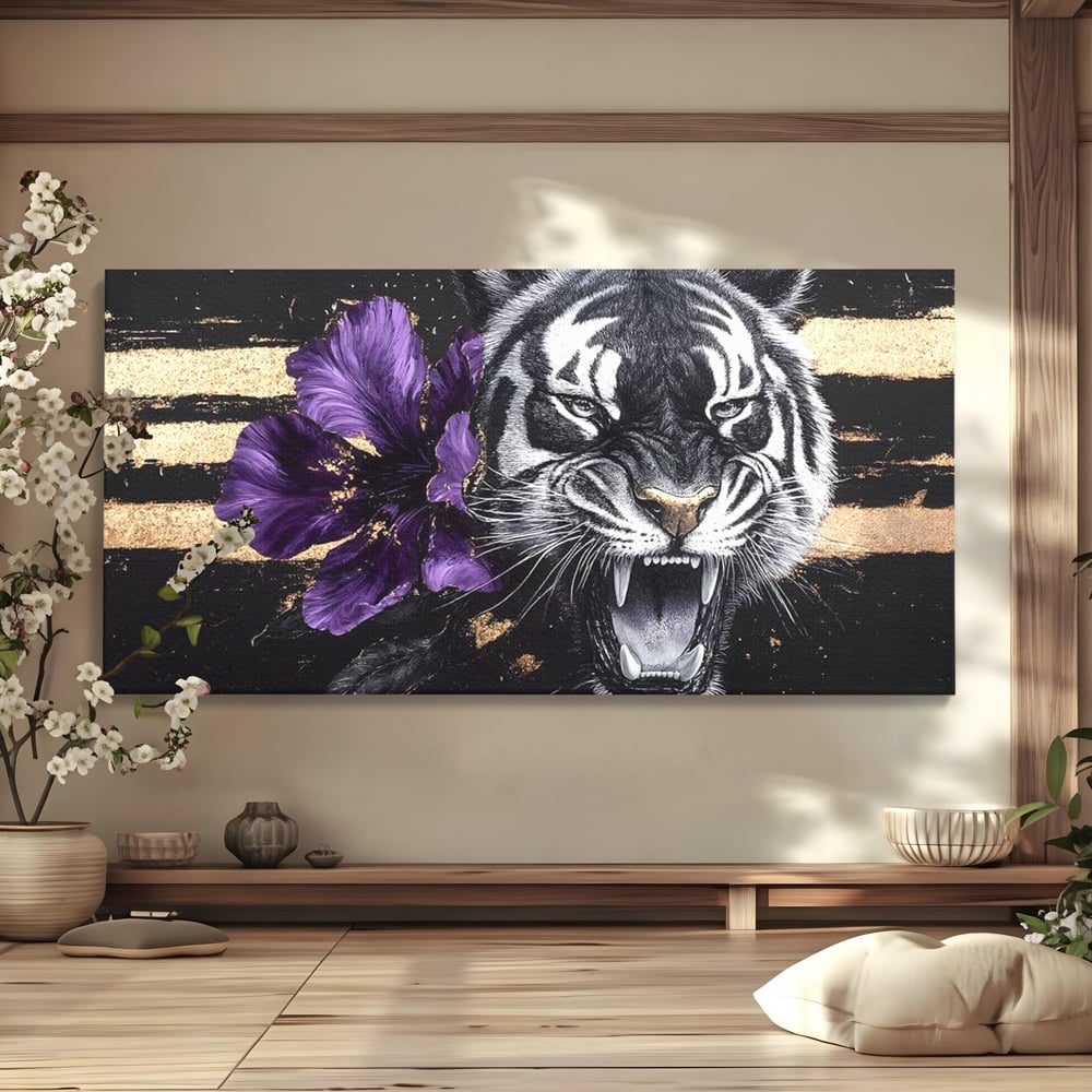 Tablou canvas cu tablou canvas cu tigru si iris violet, fara rama, pe sasiu de lemn