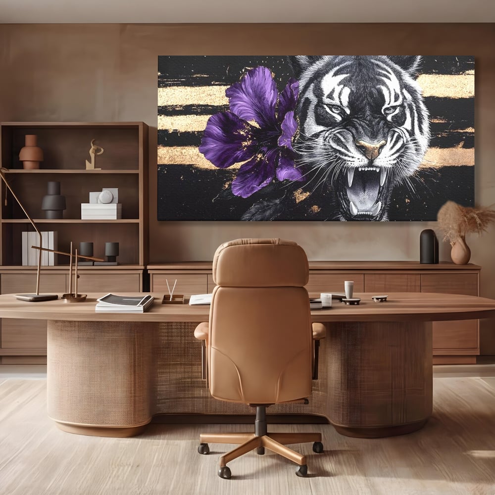 Tablou canvas cu tablou canvas cu tigru si iris violet, fara rama, pe sasiu de lemn, pe perete intr-un birou