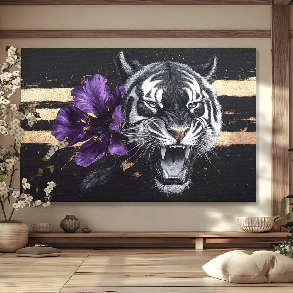 Tablou canvas cu tablou canvas cu tigru si iris violet, fara rama, pe sasiu de lemn