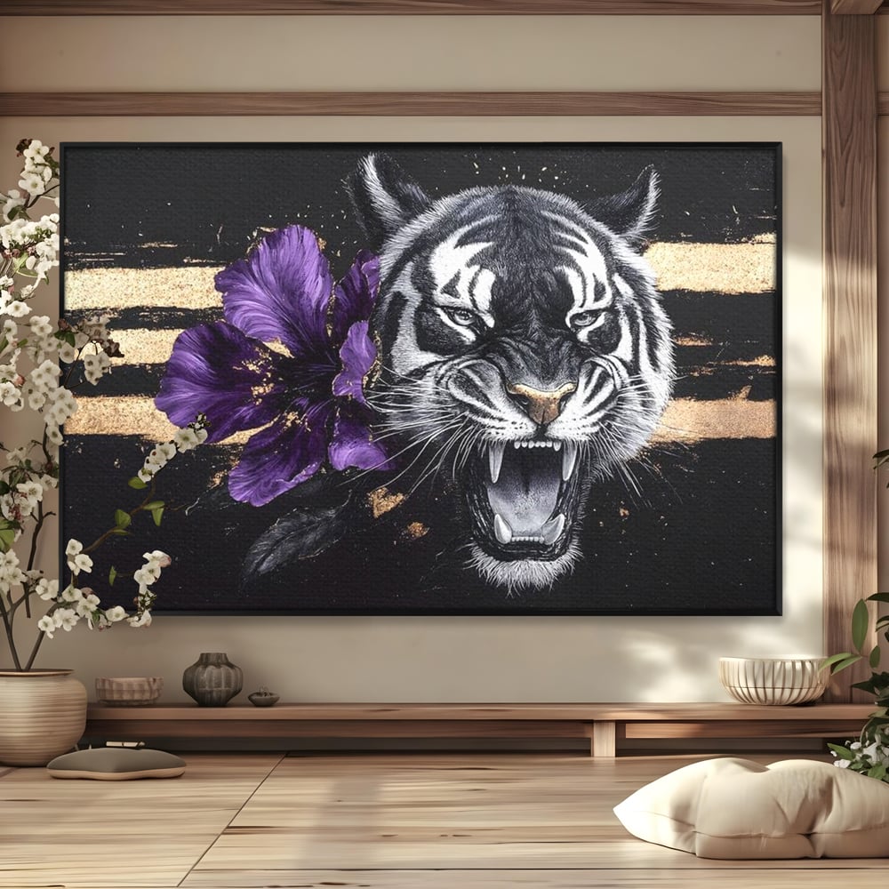 Tablou canvas cu tablou canvas cu tigru si iris violet, in rama de aluminiu negru