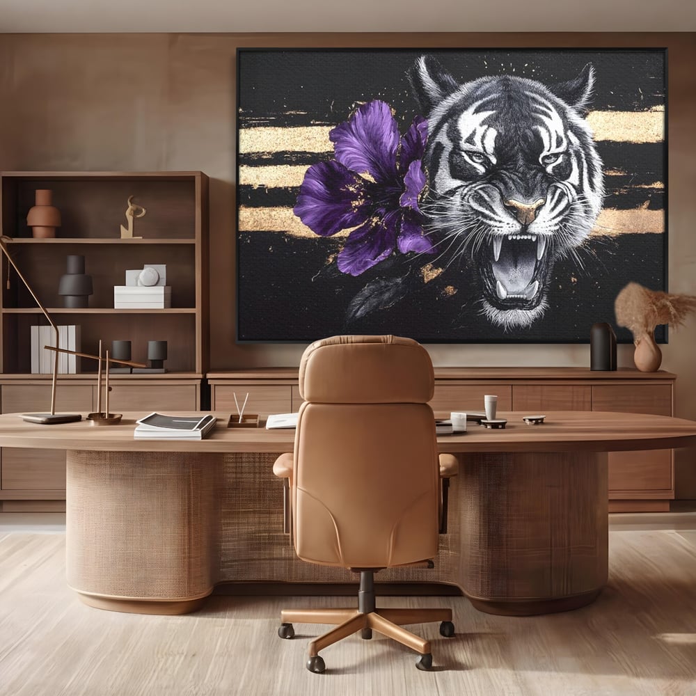 Tablou canvas cu tablou canvas cu tigru si iris violet, in rama de aluminiu negru, pe perete intr-un birou