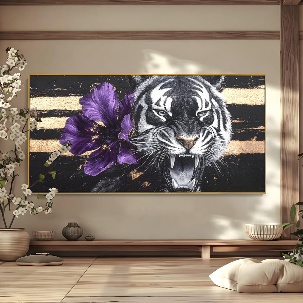 Tablou canvas cu tablou canvas cu tigru si iris violet, in rama de aluminiu auriu