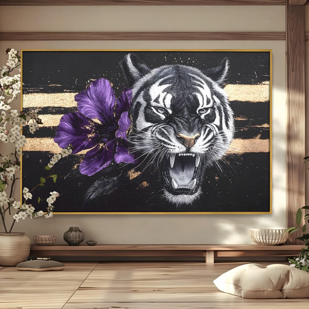 Tablou canvas cu tablou canvas cu tigru si iris violet, in rama de aluminiu auriu