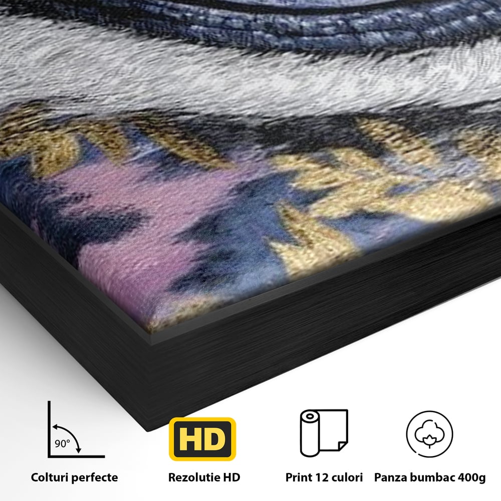 Detaliu al suprafetei: tablou canvas cu ochi de felina, in rama de aluminiu negru