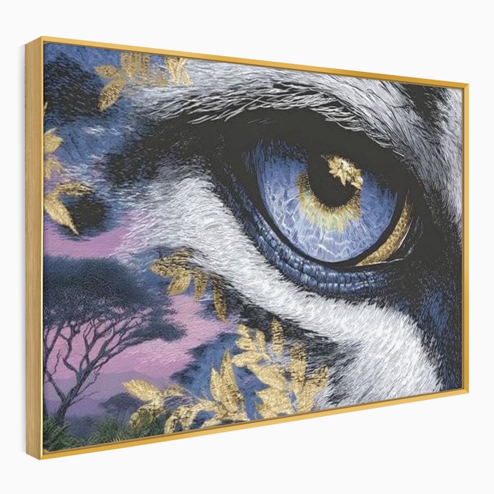 Tablou canvas cu tablou canvas cu ochi de felina, in rama de aluminiu auriu