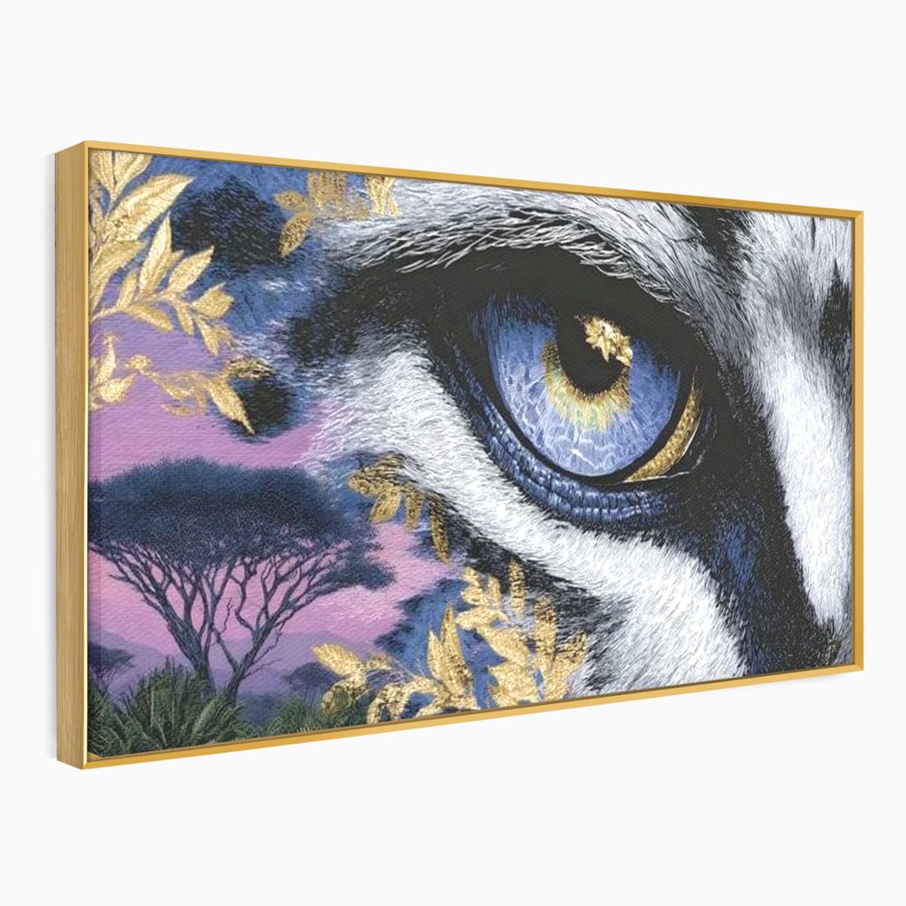 Tablou canvas cu tablou canvas cu ochi de felina, in rama de aluminiu auriu