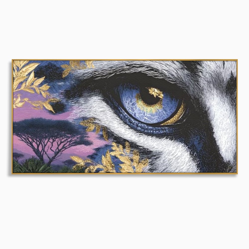 Tablou canvas cu tablou canvas cu ochi de felina, in rama de aluminiu auriu