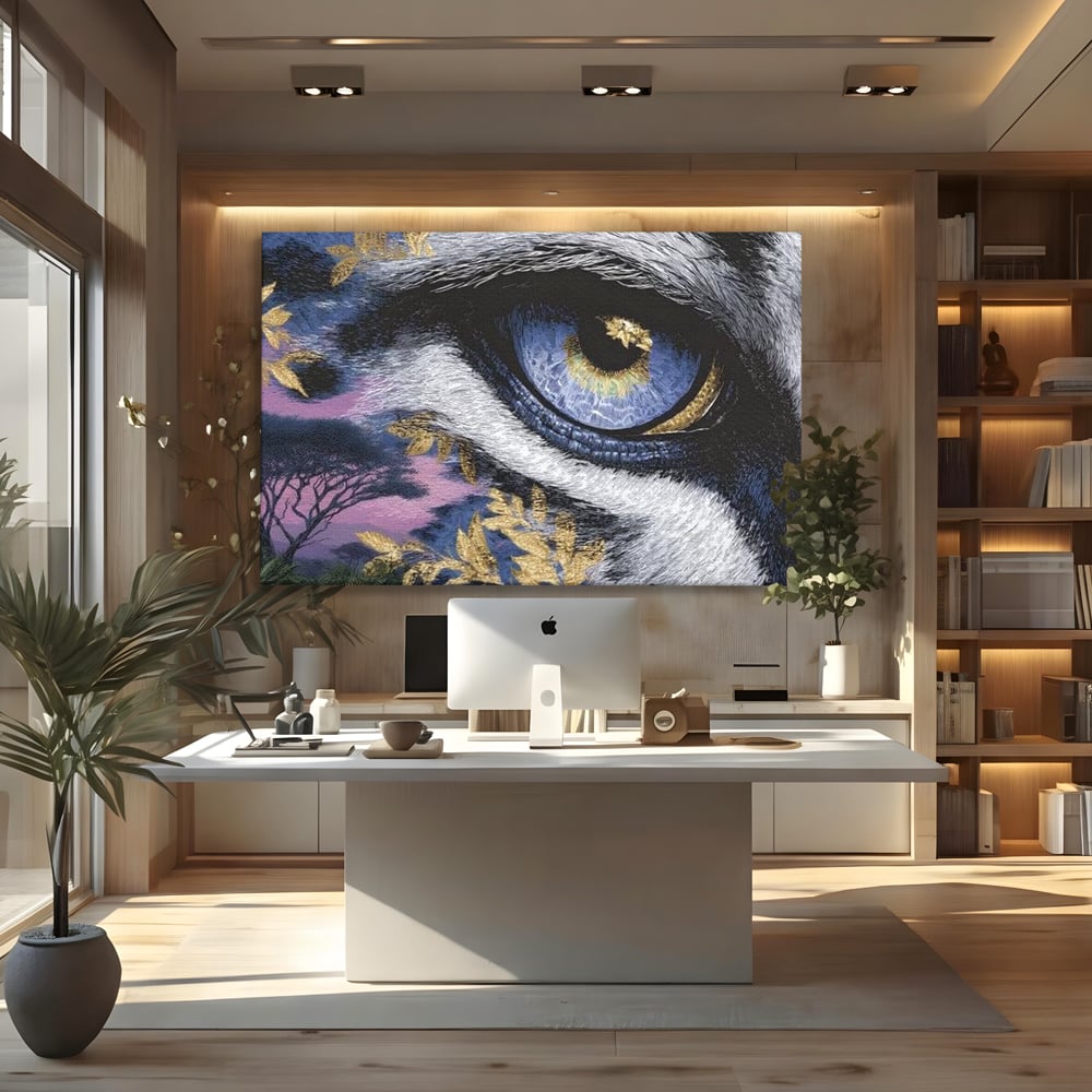 Tablou canvas cu tablou canvas cu ochi de felina, fara rama, pe sasiu de lemn, pe perete intr-un birou