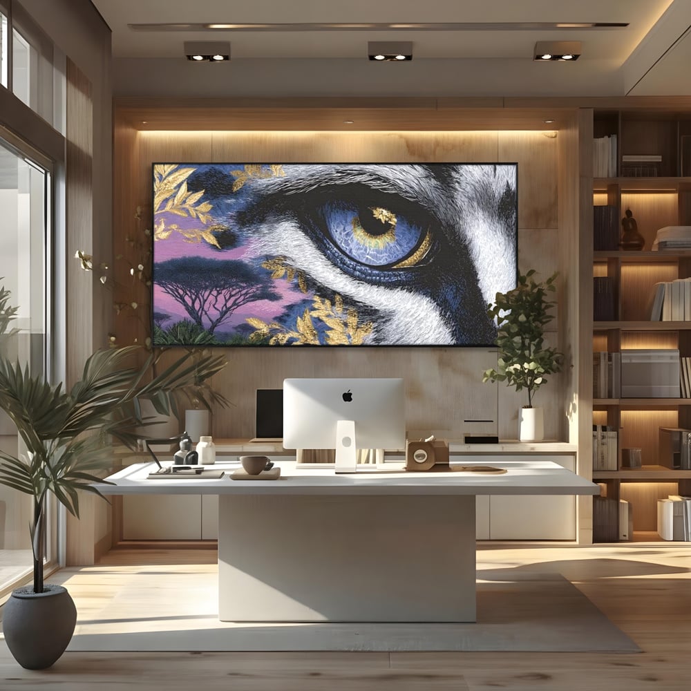 Tablou canvas cu tablou canvas cu ochi de felina, in rama de aluminiu negru, pe perete intr-un birou