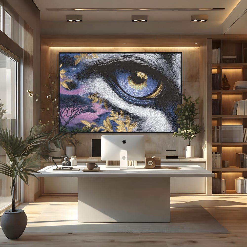 Tablou canvas cu tablou canvas cu ochi de felina, in rama de aluminiu negru, pe perete intr-un birou