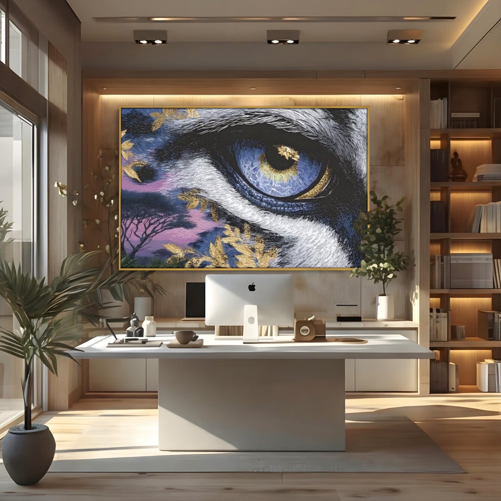 Tablou canvas cu tablou canvas cu ochi de felina, in rama de aluminiu auriu, pe perete intr-un birou