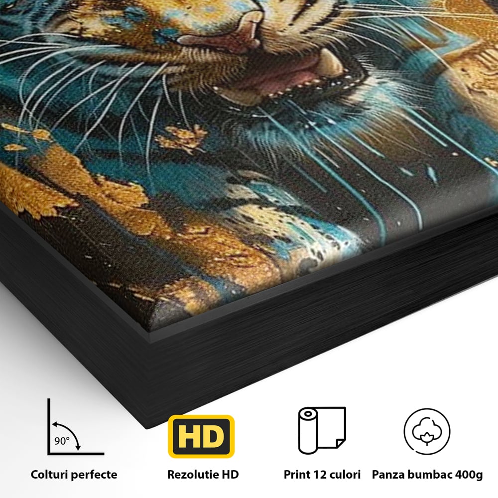 Detaliu al suprafetei: tablou canvas cu tigru furios, in rama de aluminiu negru
