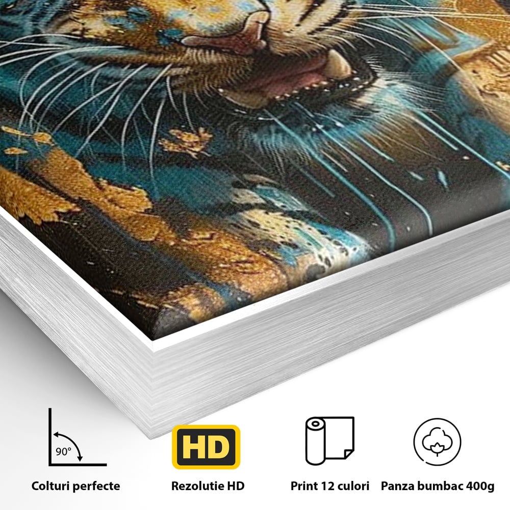 Detaliu al suprafetei: tablou canvas cu tigru furios, in rama de aluminiu argintiu