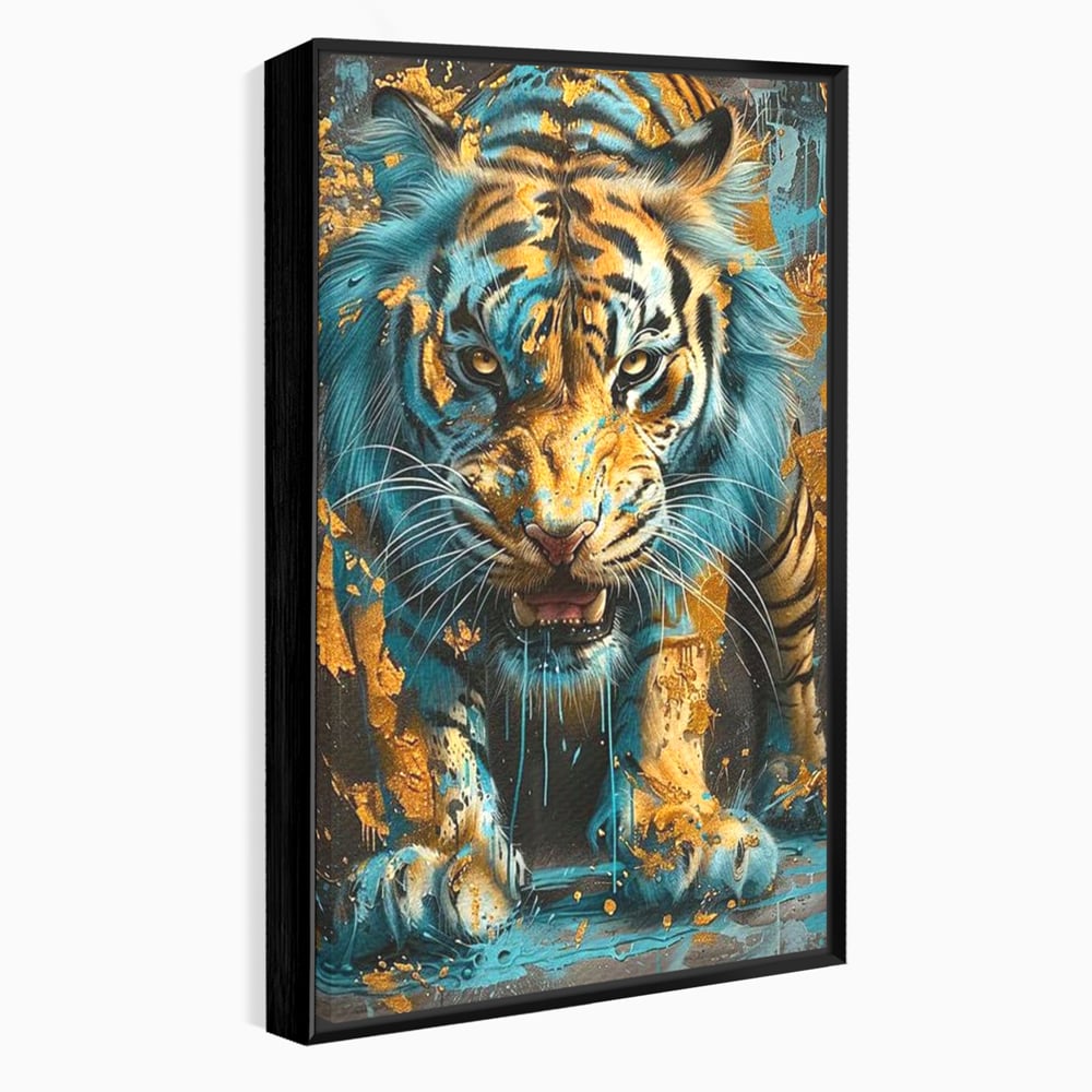 Tablou canvas cu tablou canvas cu tigru furios, in rama de aluminiu negru