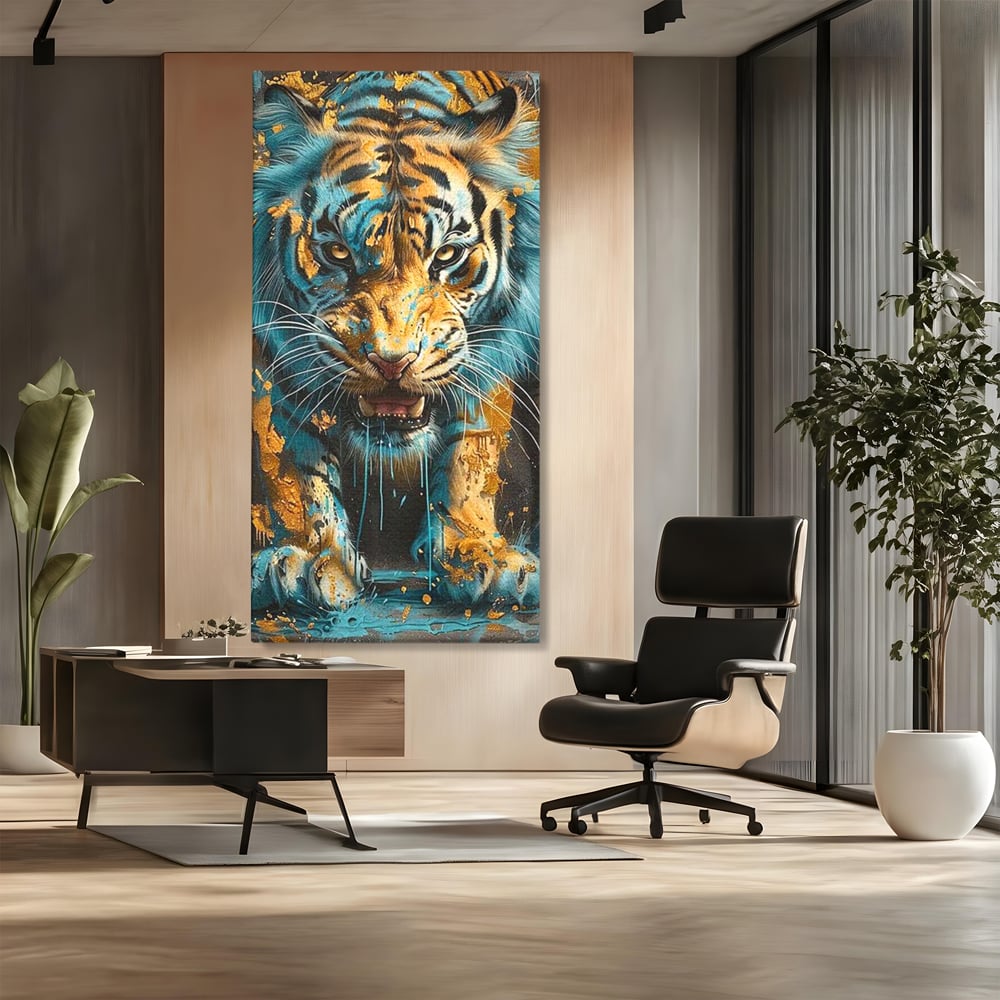 Tablou canvas cu tablou canvas cu tigru furios, fara rama, pe sasiu de lemn, pe perete intr-un birou