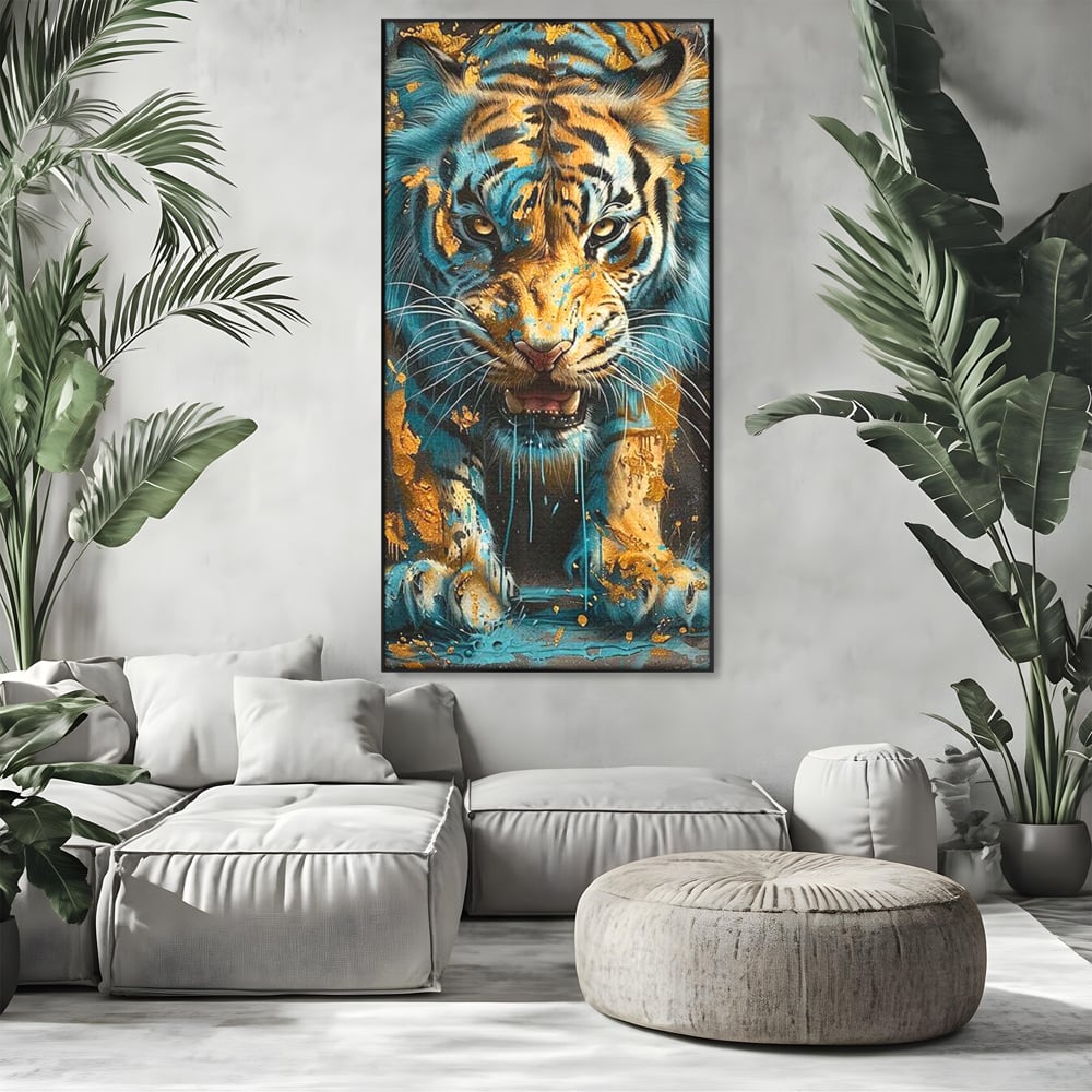 Tablou canvas cu tablou canvas cu tigru furios, in rama de aluminiu negru, pe perete intr-un living
