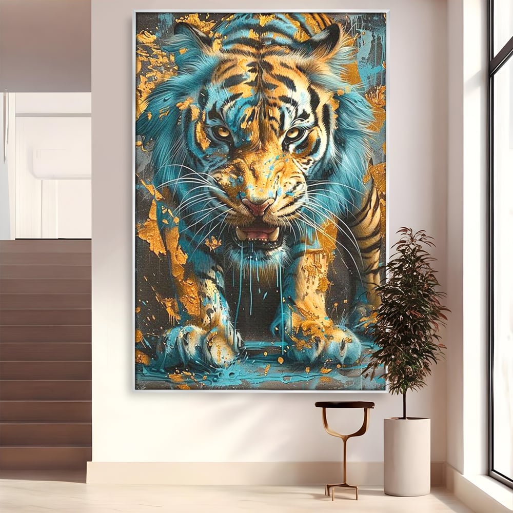 Tablou canvas cu tablou canvas cu tigru furios, in rama de aluminiu argintiu