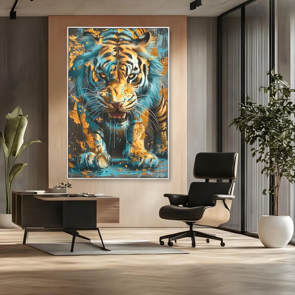 Tablou canvas cu tablou canvas cu tigru furios, in rama de aluminiu argintiu, pe perete intr-un birou