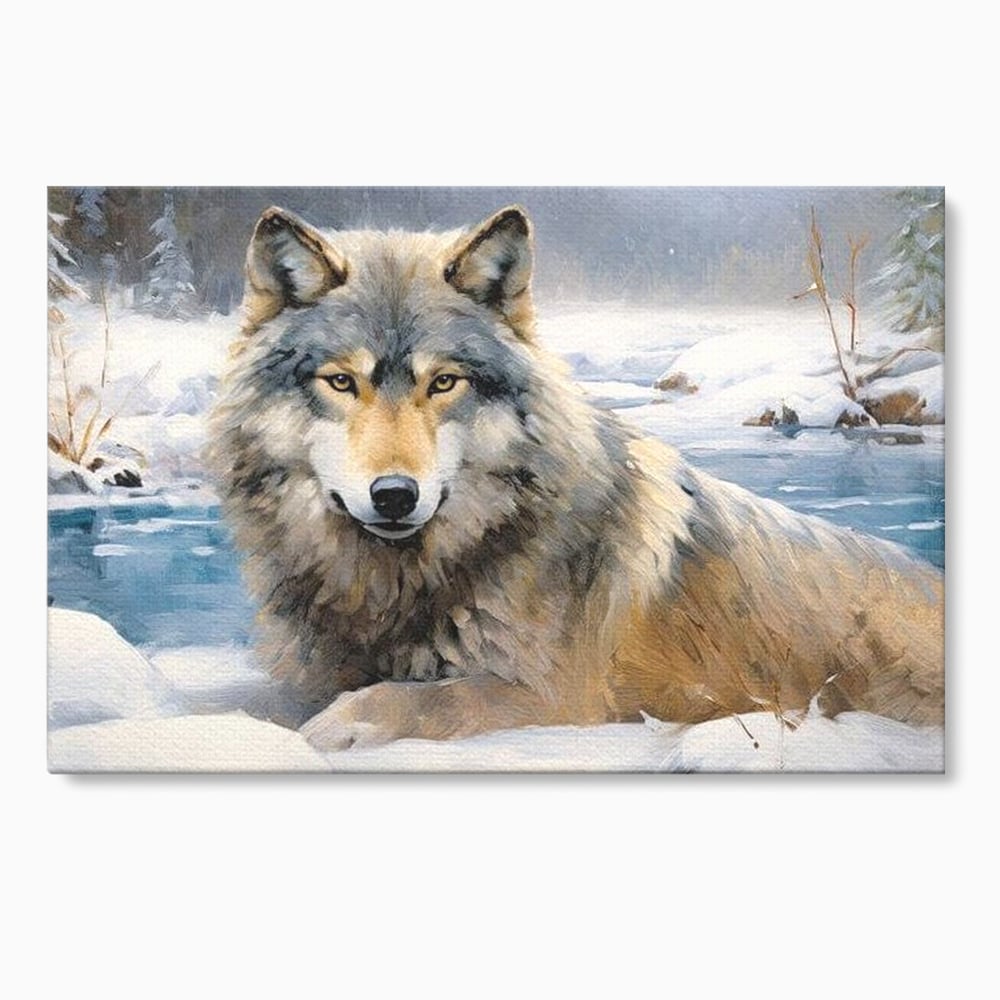 Tablou canvas cu pictura cu lup singuratic in zapada, fara rama, pe sasiu de lemn
