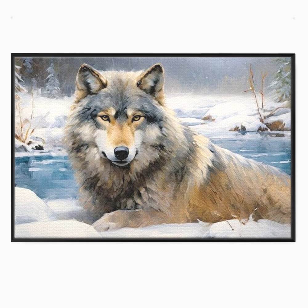 Tablou canvas cu pictura cu lup singuratic in zapada, in rama de aluminiu negru