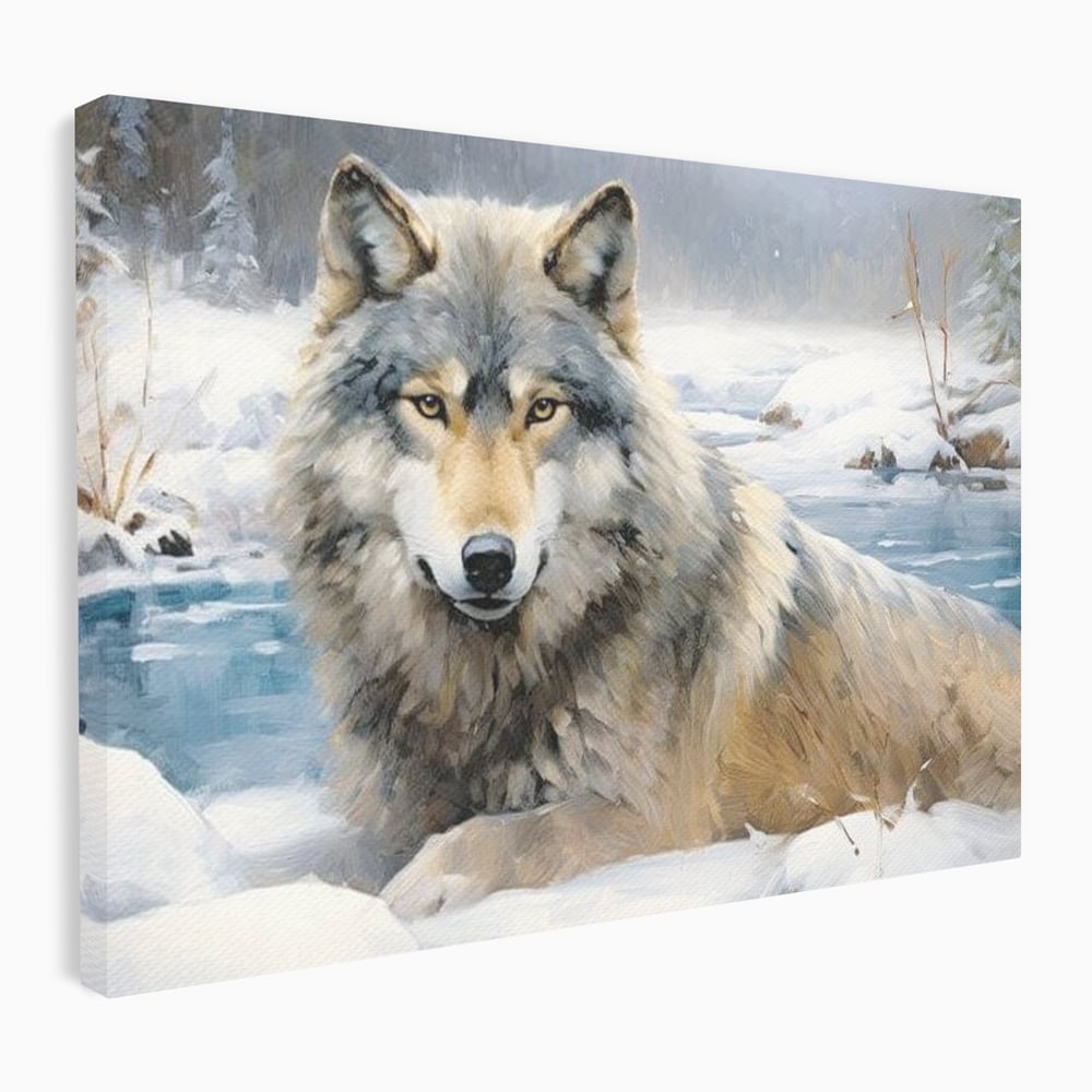 Tablou canvas cu pictura cu lup singuratic in zapada, fara rama, pe sasiu de lemn
