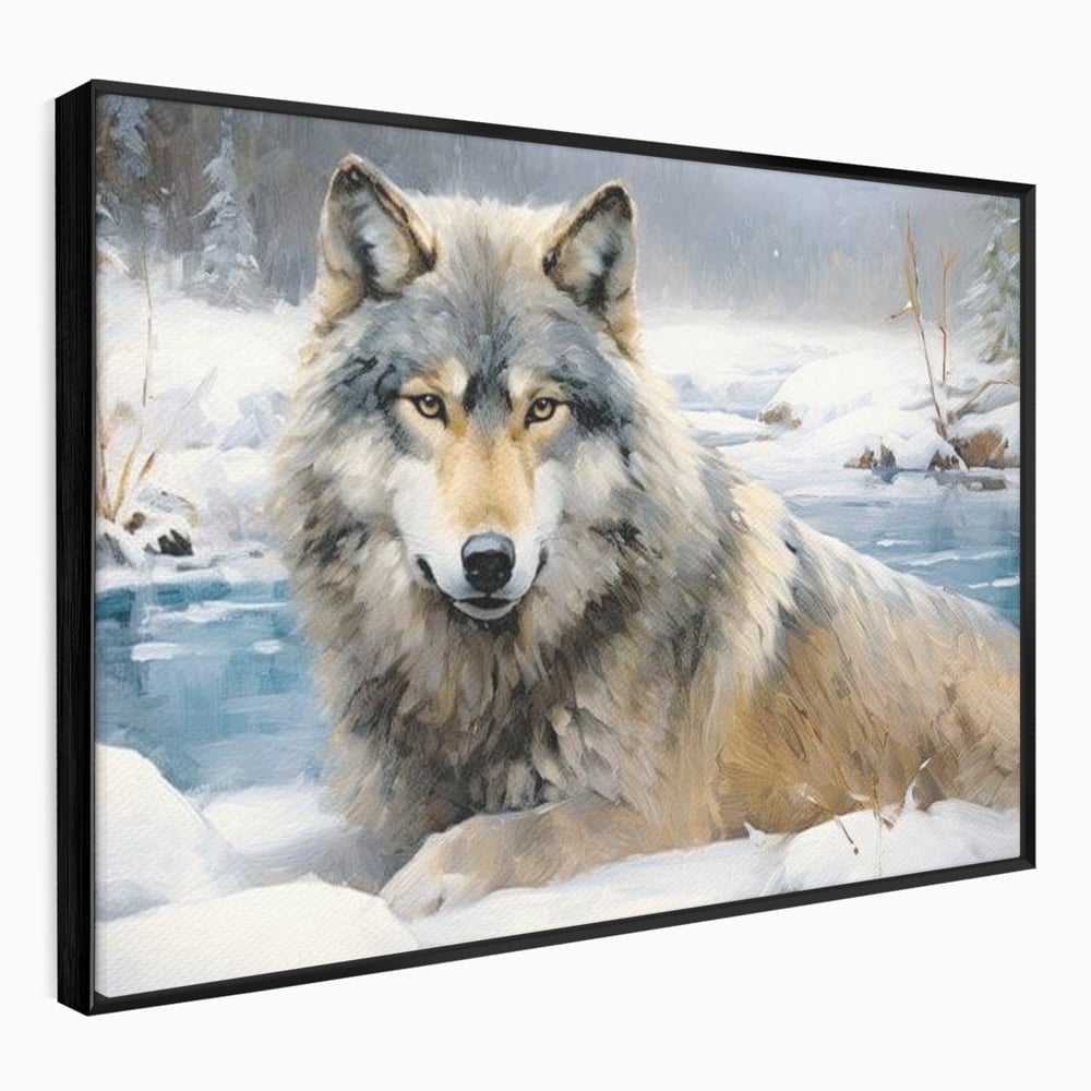 Tablou canvas cu pictura cu lup singuratic in zapada, in rama de aluminiu negru