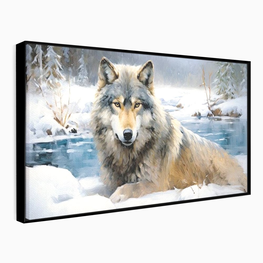 Tablou canvas cu pictura cu lup singuratic in zapada, in rama de aluminiu negru