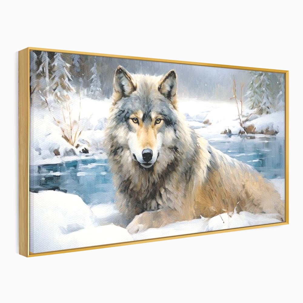 Tablou canvas cu pictura cu lup singuratic in zapada, in rama de aluminiu auriu