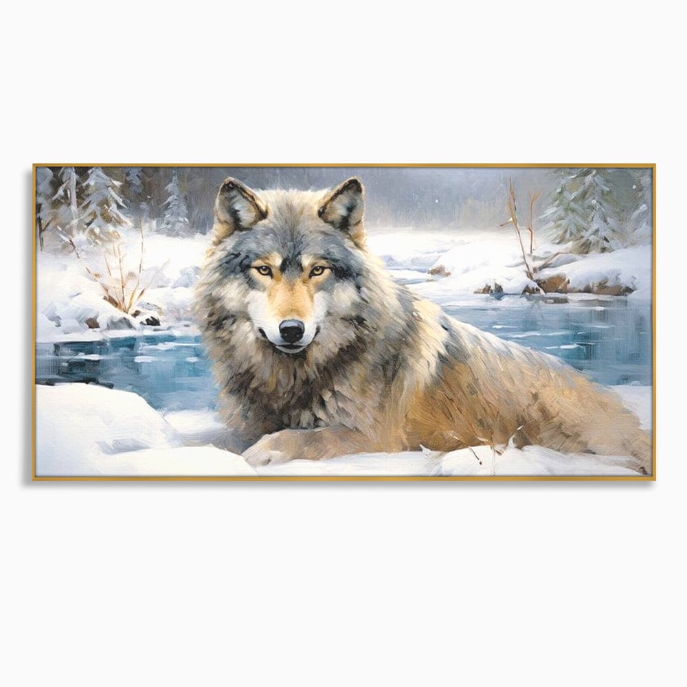 Tablou canvas cu pictura cu lup singuratic in zapada, in rama de aluminiu auriu