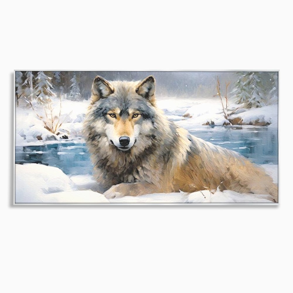 Tablou canvas cu pictura cu lup singuratic in zapada, in rama de aluminiu argintiu