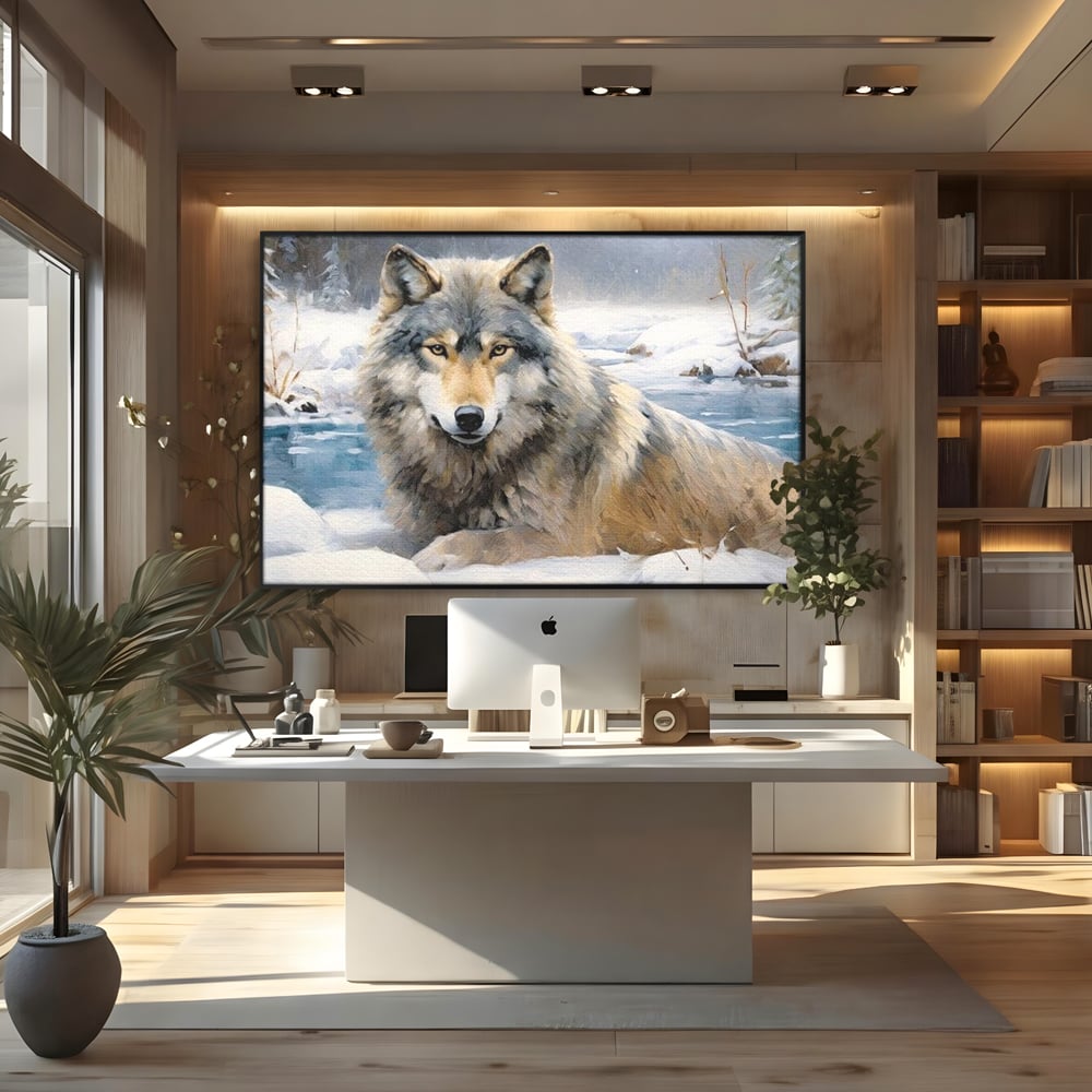 Tablou canvas cu pictura cu lup singuratic in zapada, in rama de aluminiu negru, pe perete intr-un birou