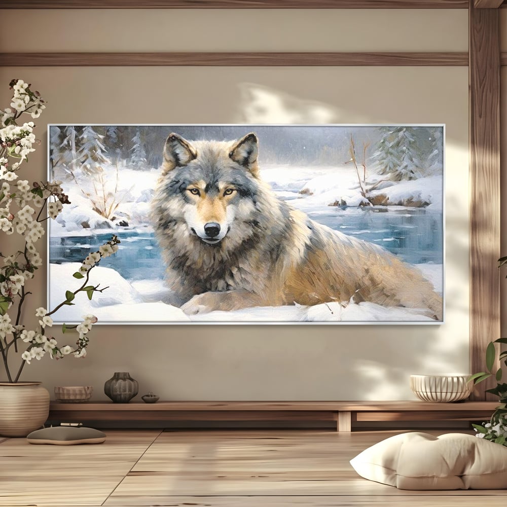 Tablou canvas cu pictura cu lup singuratic in zapada, in rama de aluminiu argintiu