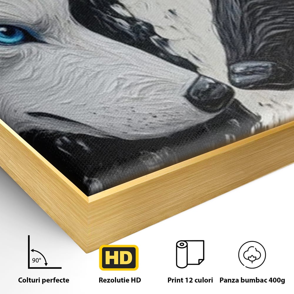 Detaliu al suprafetei: tablou canvas cu doi lupi, in rama de aluminiu auriu