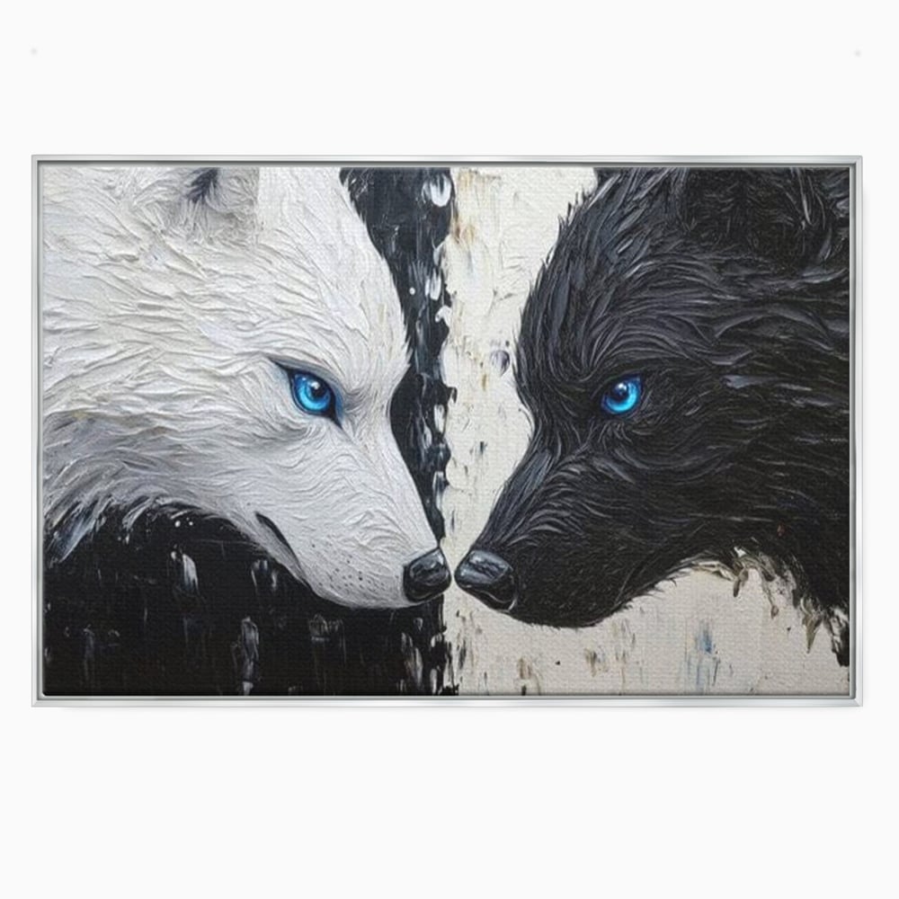 Tablou canvas cu tablou canvas cu doi lupi, in rama de aluminiu argintiu