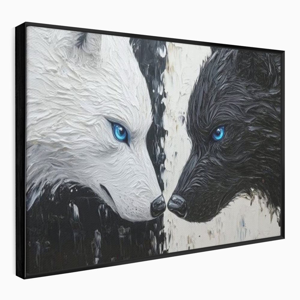 Tablou canvas cu tablou canvas cu doi lupi, in rama de aluminiu negru