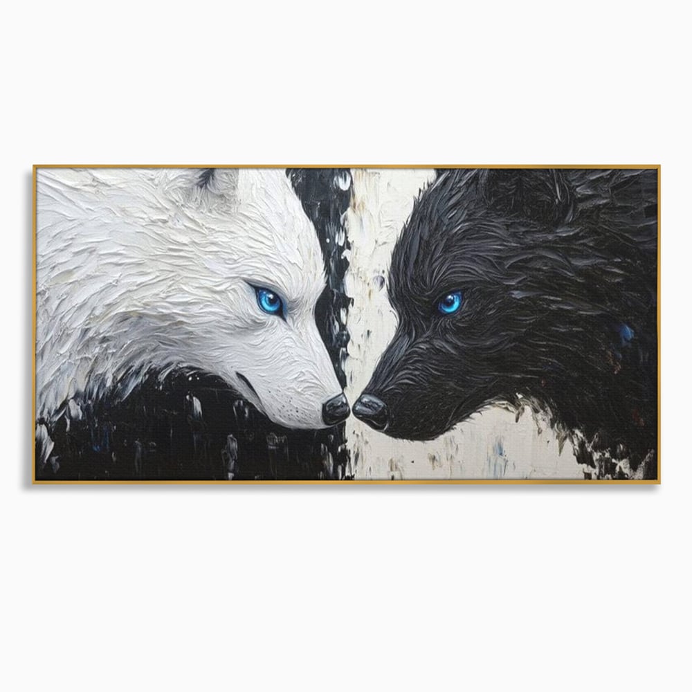 Tablou canvas cu tablou canvas cu doi lupi, in rama de aluminiu auriu