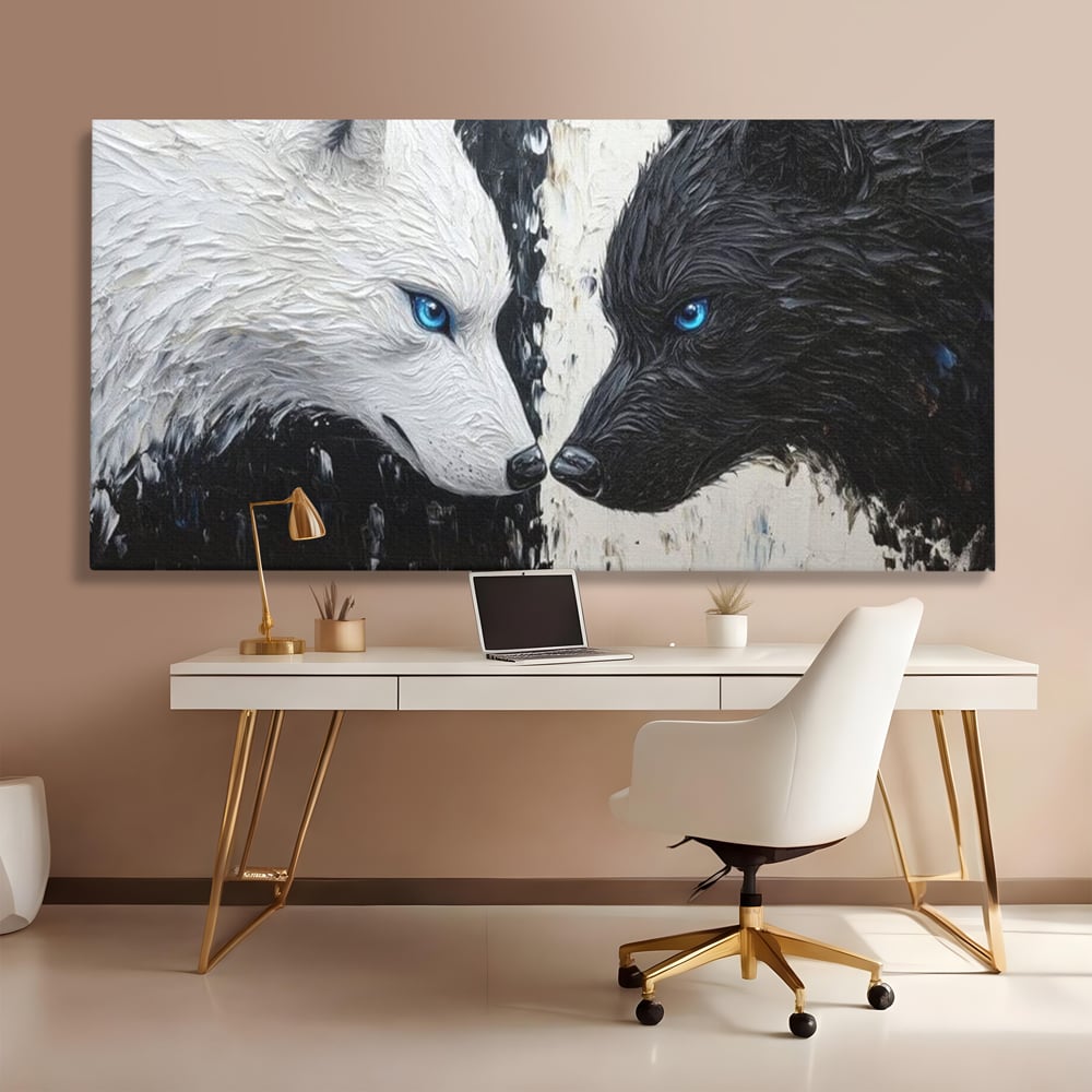Tablou canvas cu tablou canvas cu doi lupi, fara rama, pe sasiu de lemn, pe perete intr-un birou